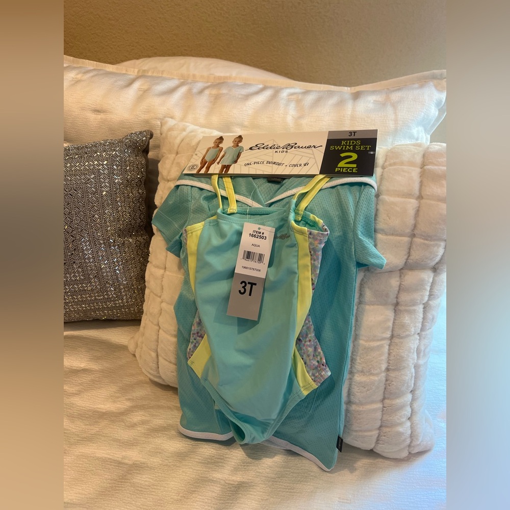Girls Eddie Bauer Kids Aqua & Yellow Swim Set with one Piece Swim Suit & Coverup